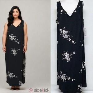 90s Deadstock Vintage Jones New York Black Gray Floral Shift Summer Dress 22W
